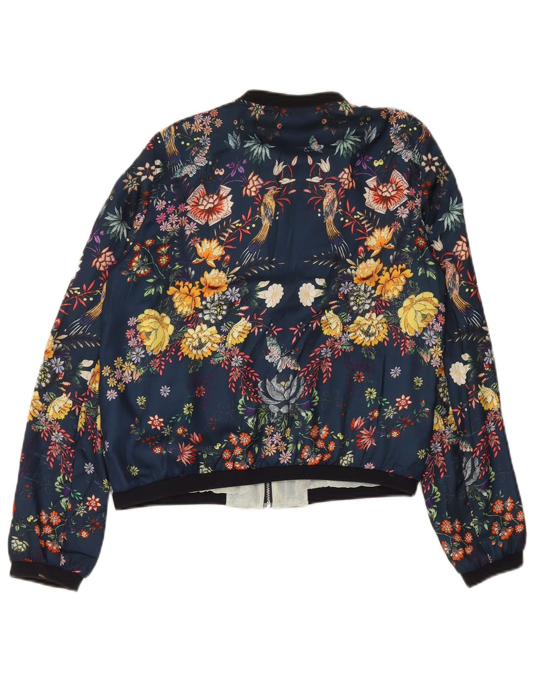Zara Dame Trafaluc Graphic Bomber Jacket UK 14 Medium Navy Blue Floral