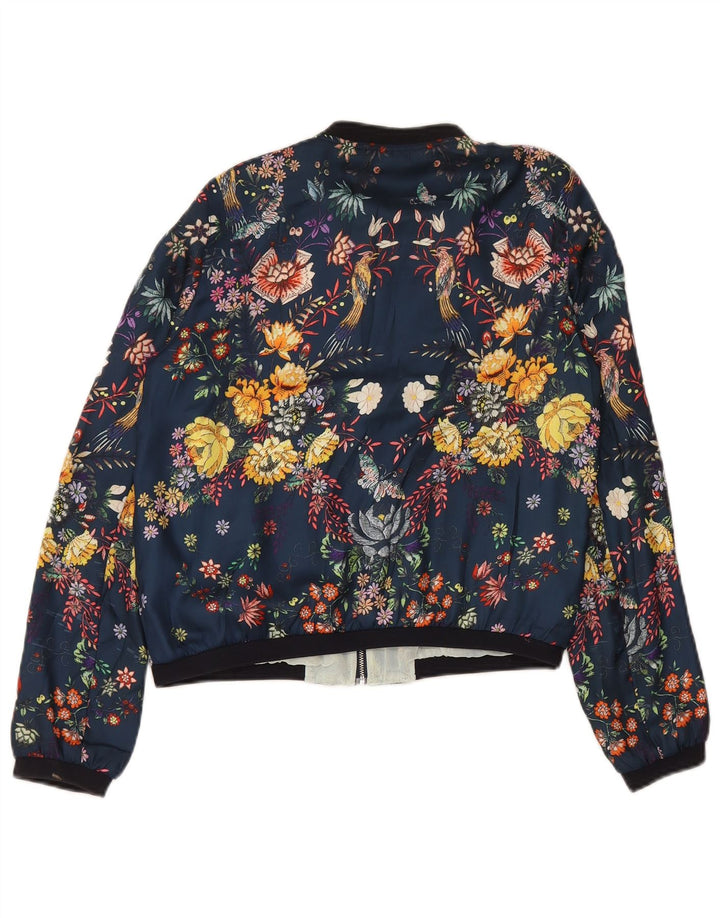 Zara Dame Trafaluc Graphic Bomber Jacket UK 14 Medium Navy Blue Floral