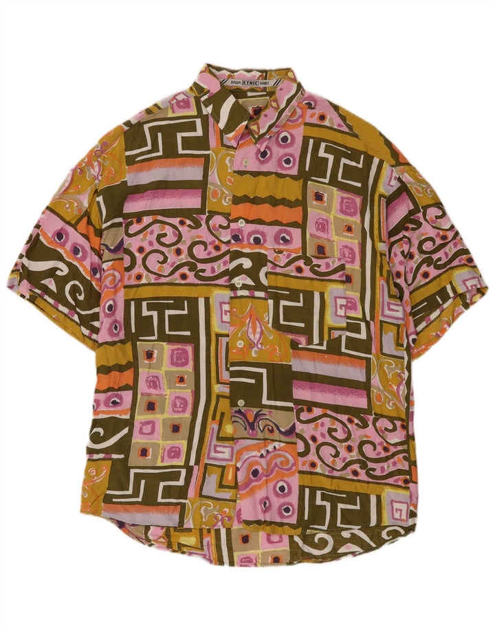Vintage Kortærmet Herreskjorte Stor flerfarvet Patchwork Viscose
