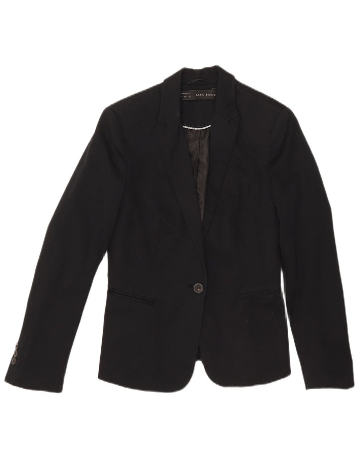 Zara Dame 1 Knap Blazer Jakke UK 12 Medium Sort Bomuld
