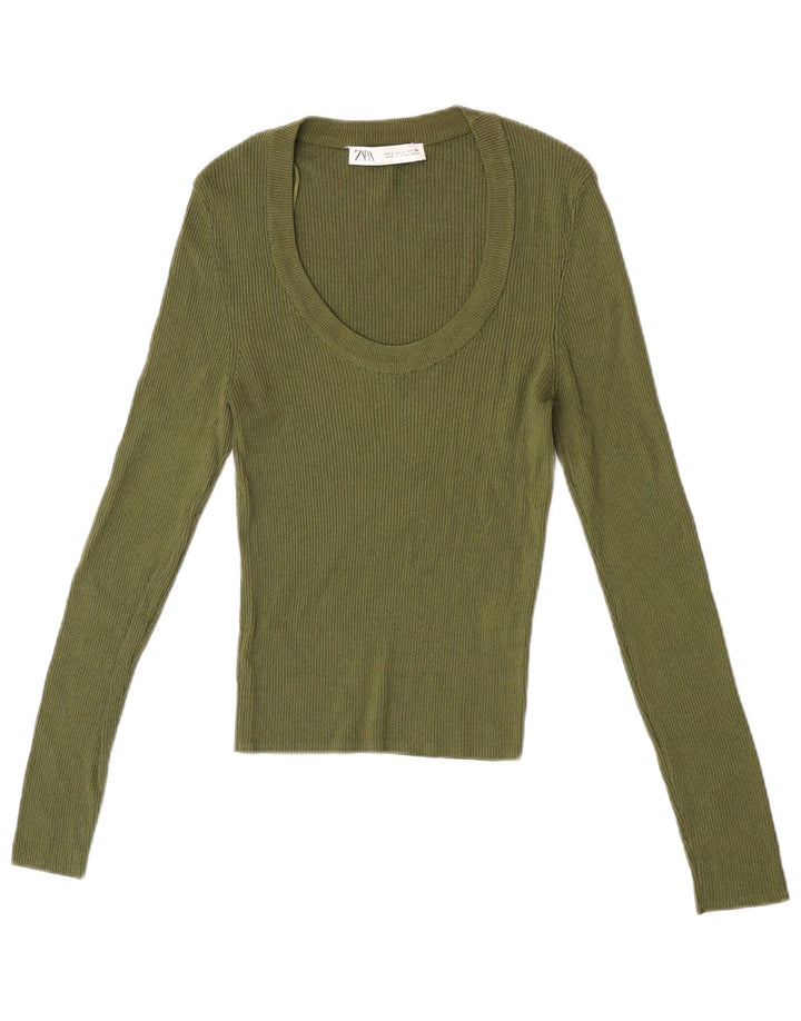 Zara Dame Top Langærmet UK 14 Stor Khaki Viscose