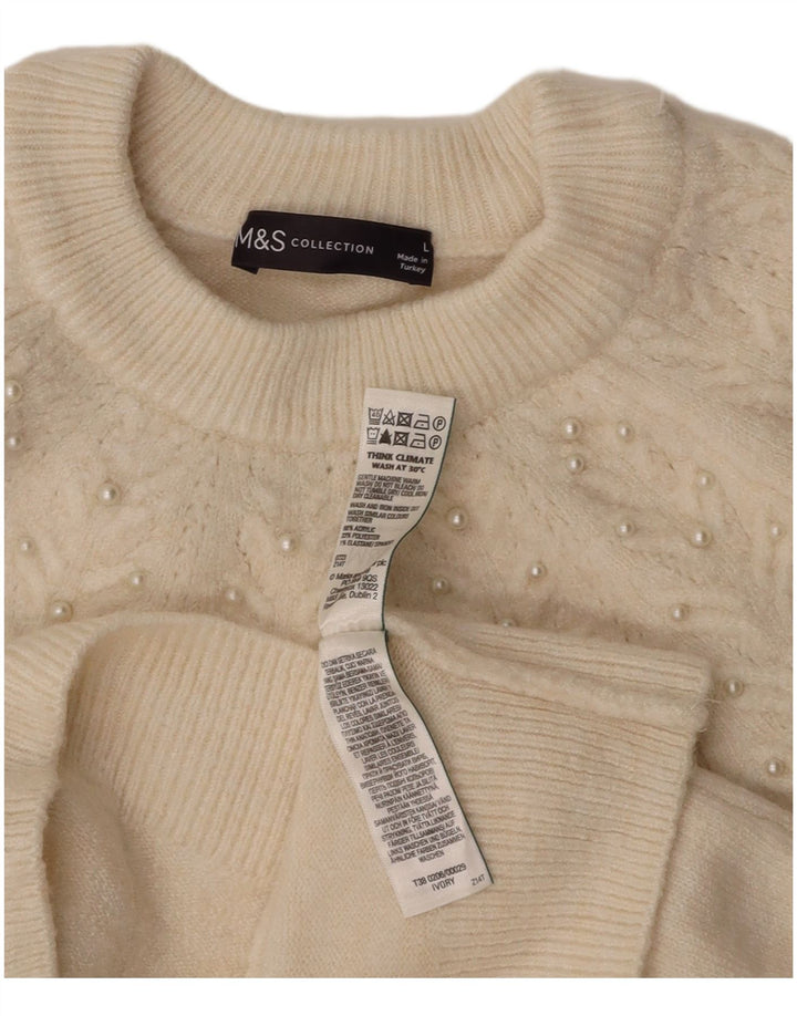 MARKS & SPENCER Dame Crop Crew Neck Jumper Sweater UK 14 Large Off White