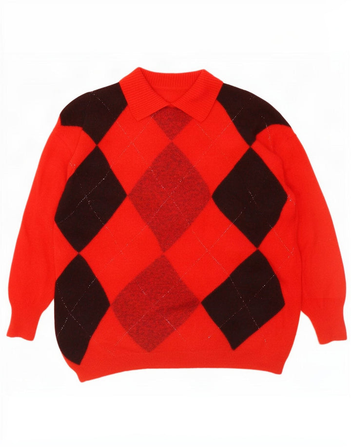 Vintage Dame Polo Neck Jumper Sweater UK 14 Medium Red Argyle/Diamond