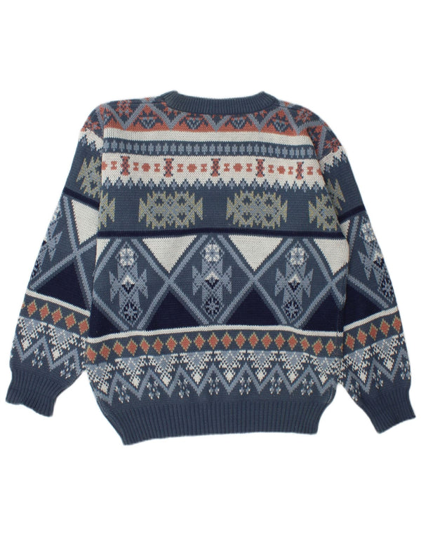 Vintage Herre Loose Fit Jumper Sweater med rund hals UK 34/36 XS Blue Fair Isle
