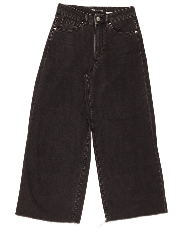 ZARA Womens High Rise Crop Wide Leg Jeans W22 L25 Black Bomuld