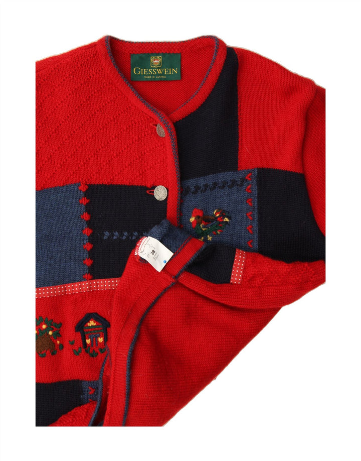 GIESSWEIN Dame Cardigan Sweater UK 12 Medium Rød Patchwork Virgin Wool