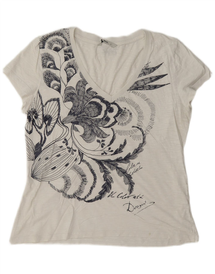 Desigual Dame Grafisk T-Shirt Top UK 16 Large White