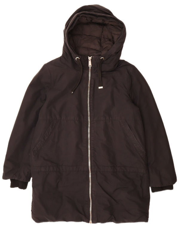 Zara Dame Hætte Polstret Frakke UK 16 Large Black