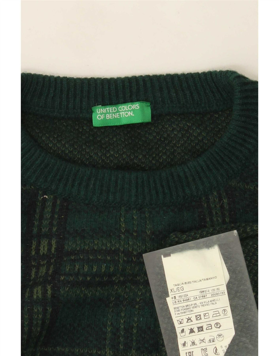 Benetton Herre sweater med rund hals XL grøn ternet uld