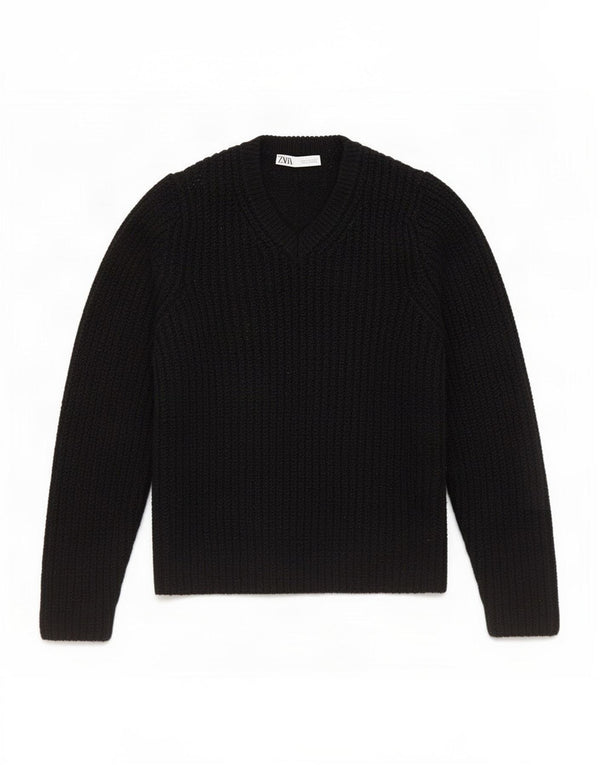 Zara Womens Crop V-hals sweater UK 14 Medium Sort Akryl