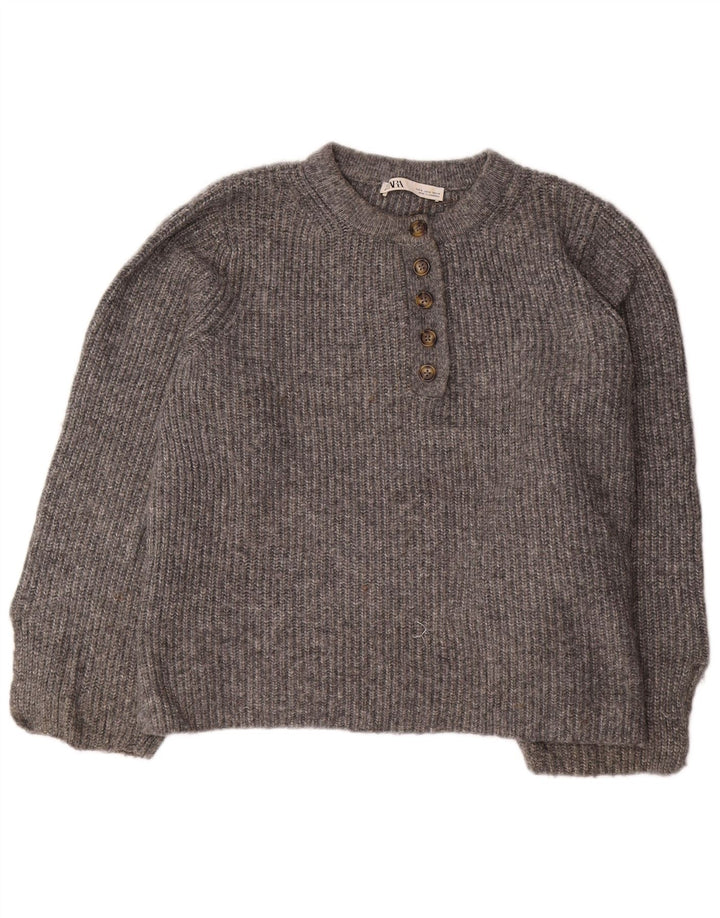 ZARA dame sweater med rund hals i overstørrelse UK 10 lille grå akryl