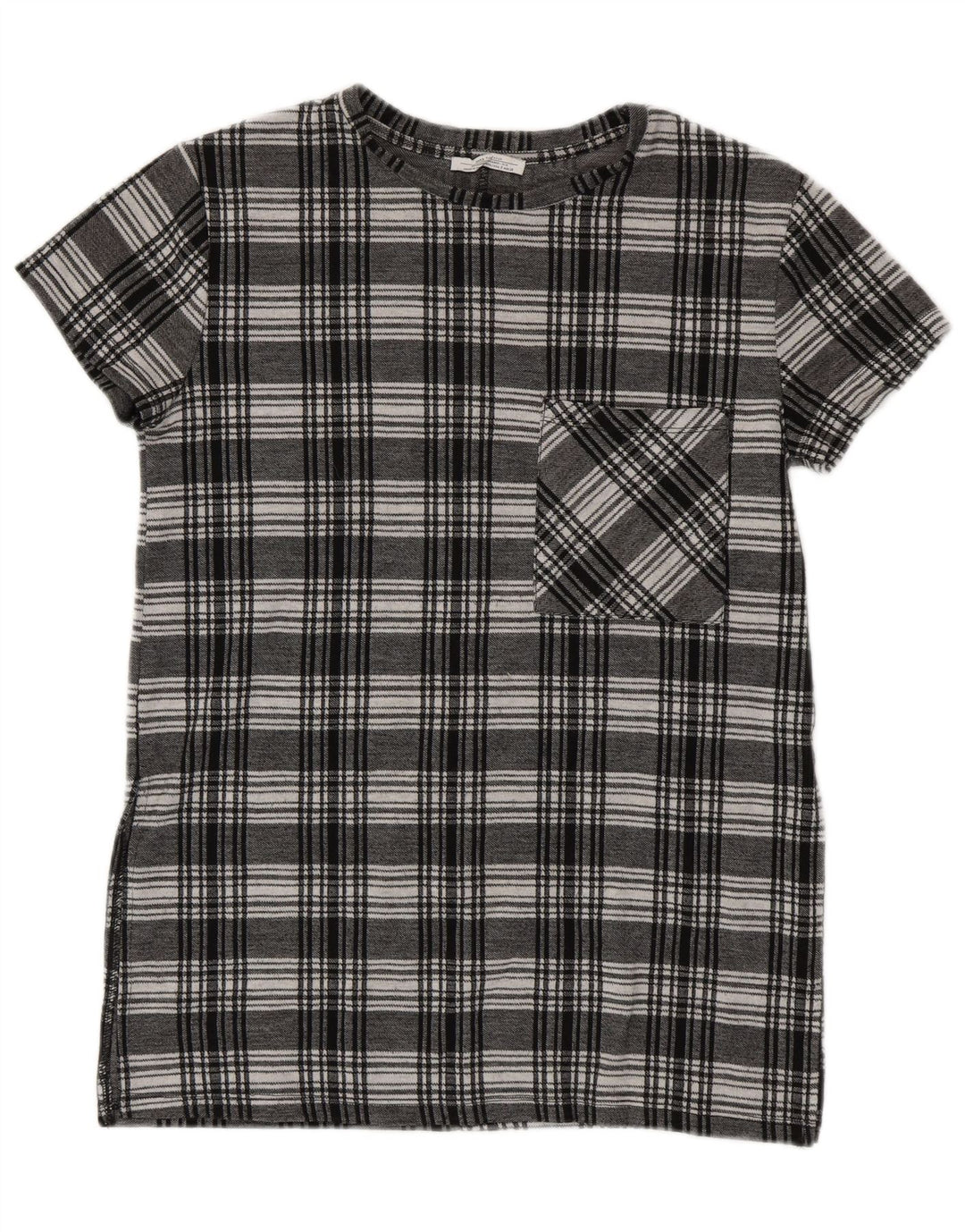 ZARA Dame Longline Kortærmet Bluse Top UK 10 Small Black Plaid