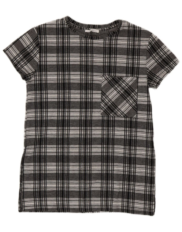 ZARA Dame Longline Kortærmet Bluse Top UK 10 Small Black Plaid