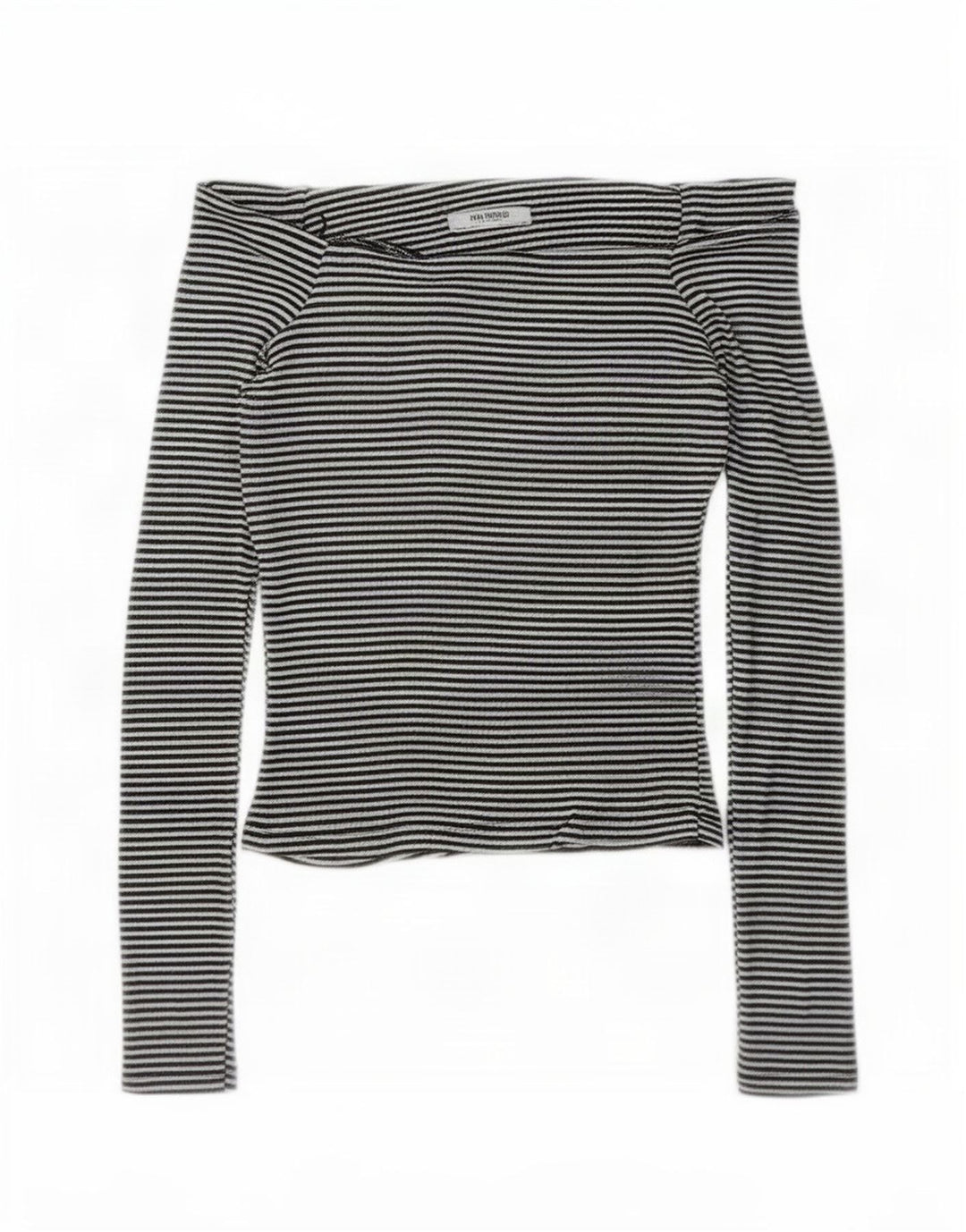 Zara Dame Langærmet Off Shoulder Top UK 8 Lille sort stribet polyester