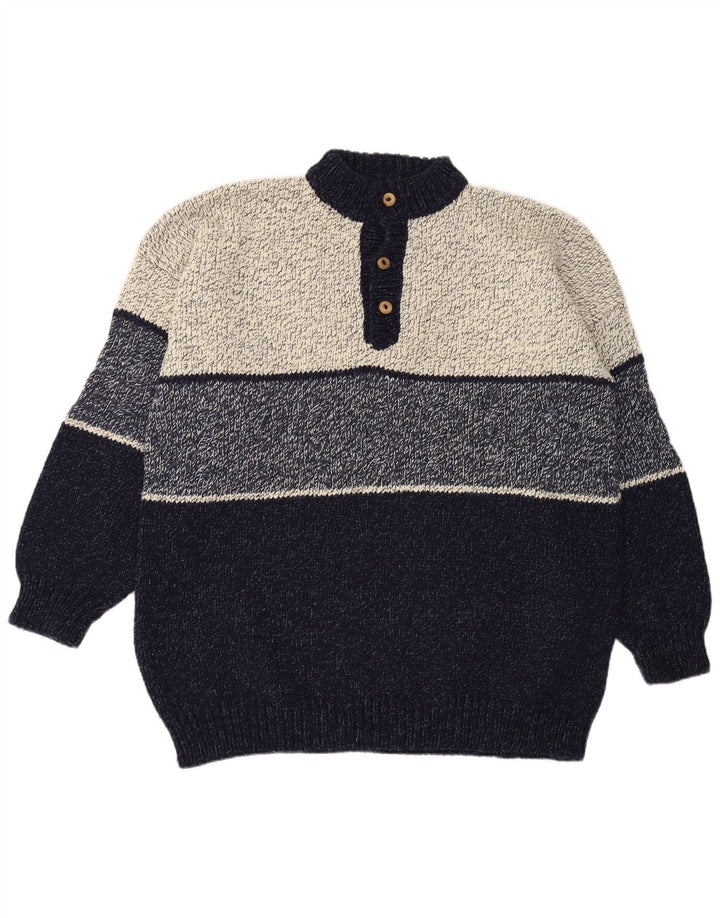 Vintage Herre Button Neck Jumper Sweater 2XL Navy Blue Colourblock
