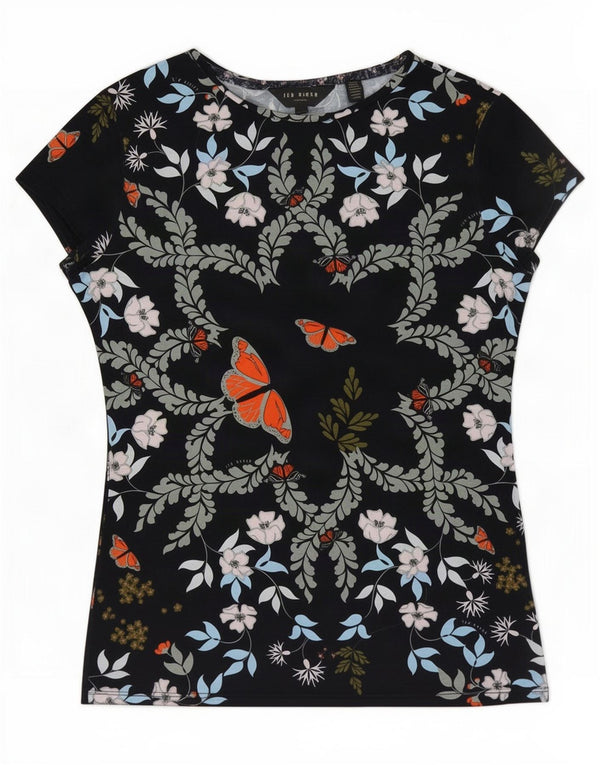 Ted Baker Dame T-Shirt Top Størrelse 2 Small Navy Blue Floral Butterfly
