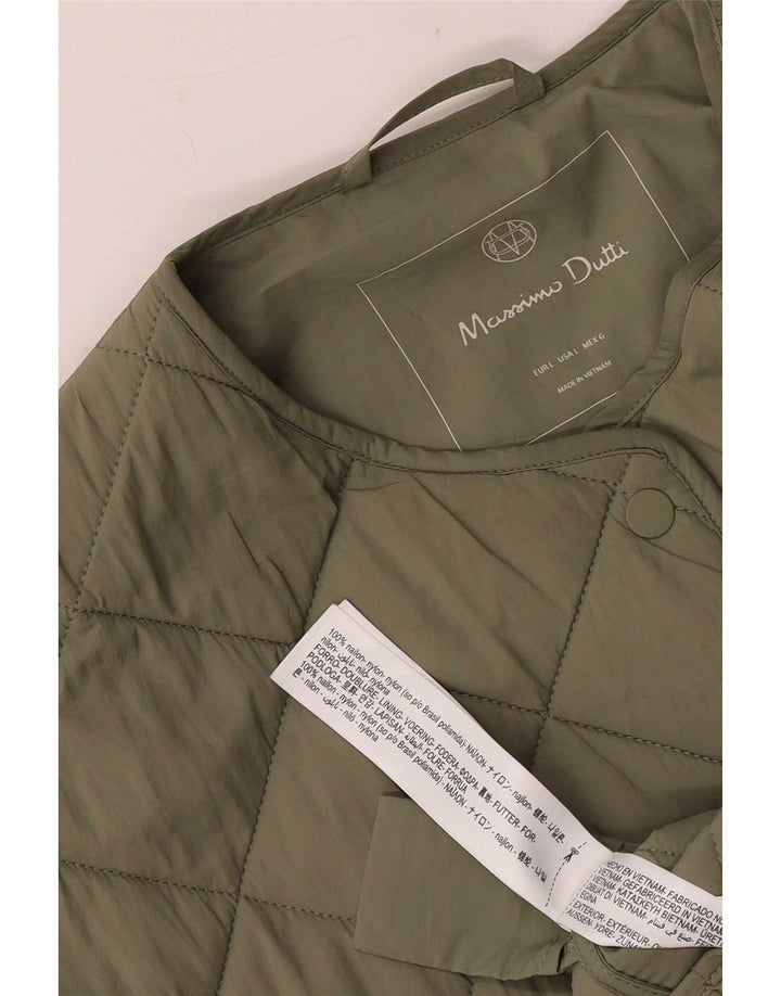 Massimo Dutti Dame Quiltet Jakke UK 16 Stor Khaki Nylon