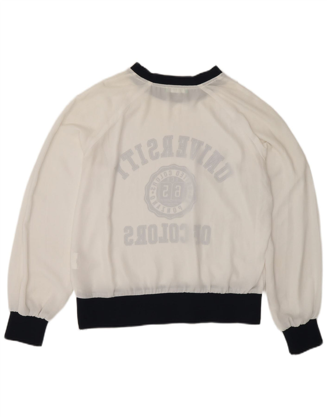 Benetton Dame Se Through Grafisk Top Langærmet UK 10 Small White