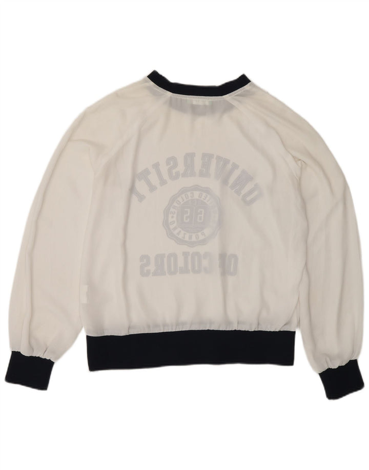 Benetton Dame Se Through Grafisk Top Langærmet UK 10 Small White