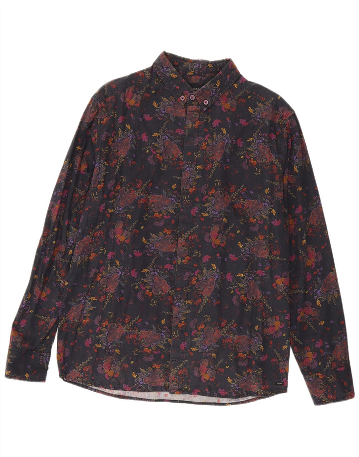 Vintage herreskjorte stor sort blomstret bomuld