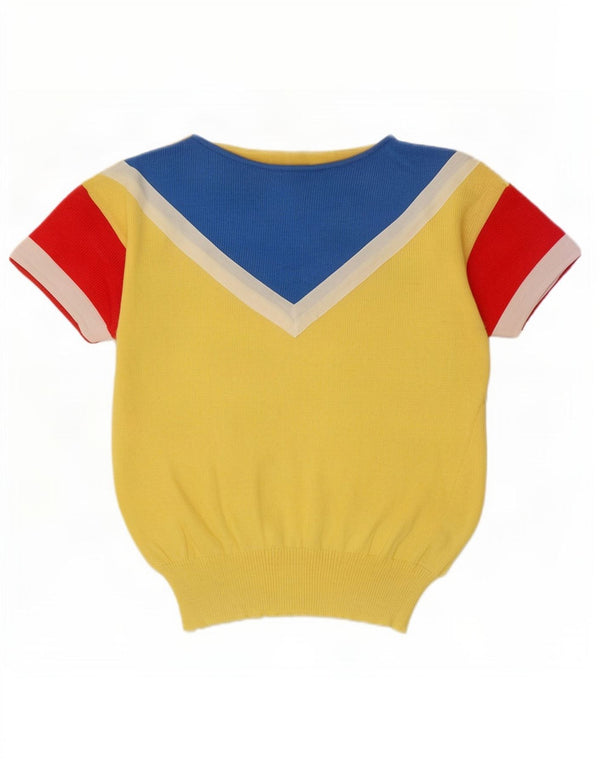 Vintage Dame Boat Neck Jumper Sweater UK 10 Small Yellow Colourblock