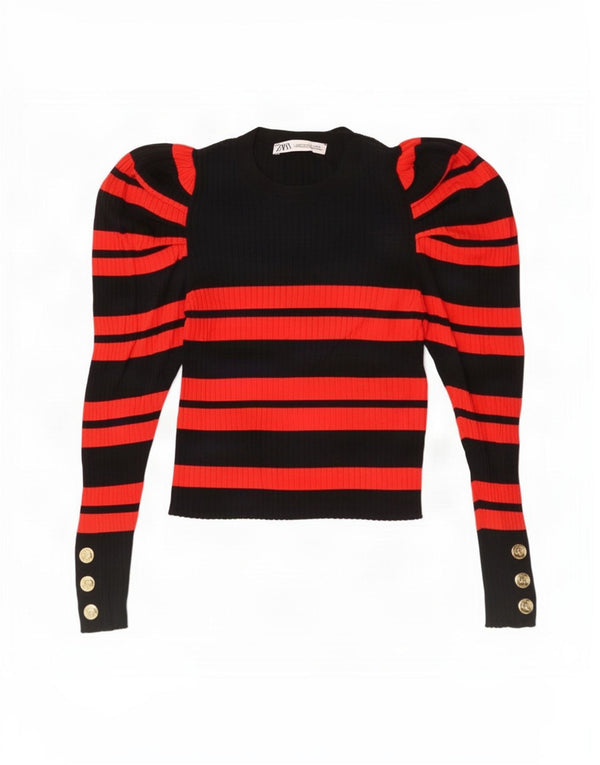 Zara Womens Crop Top Langærmet UK 12 Medium Sort Stribet Viscose