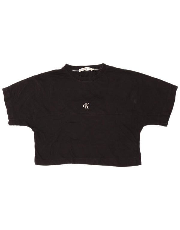 Calvin Klein Jeans Dame Crop Grafisk T-Shirt Top UK 14 Medium Sort