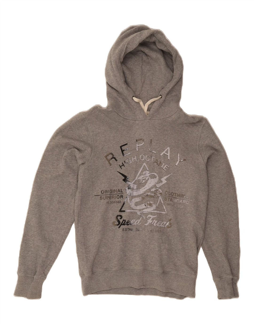 REPLAY Mens Graphic Hoodie Jumper Small Grey Vintage Replay and Second-Hand Replay from Messina Hembry 