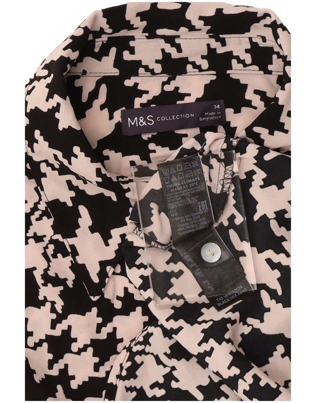 MARKS & SPENCER Womens Shirt Blouse UK 14 Large Black Houndstooth