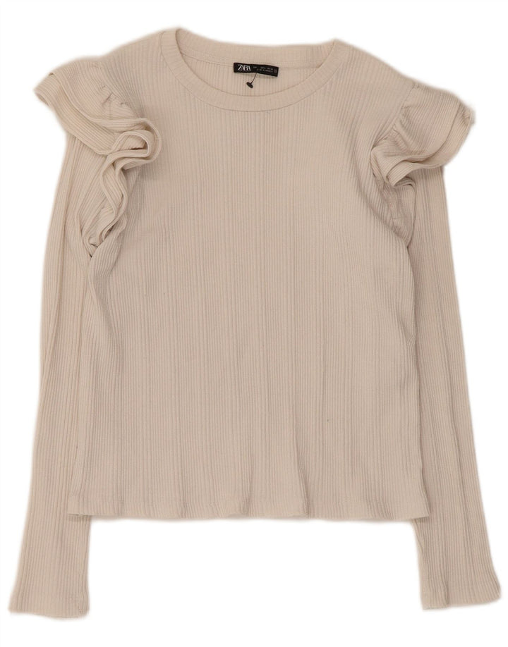 Zara Womens Crop Ruffle Front Top Langærmet UK 14 Large White Bomuld