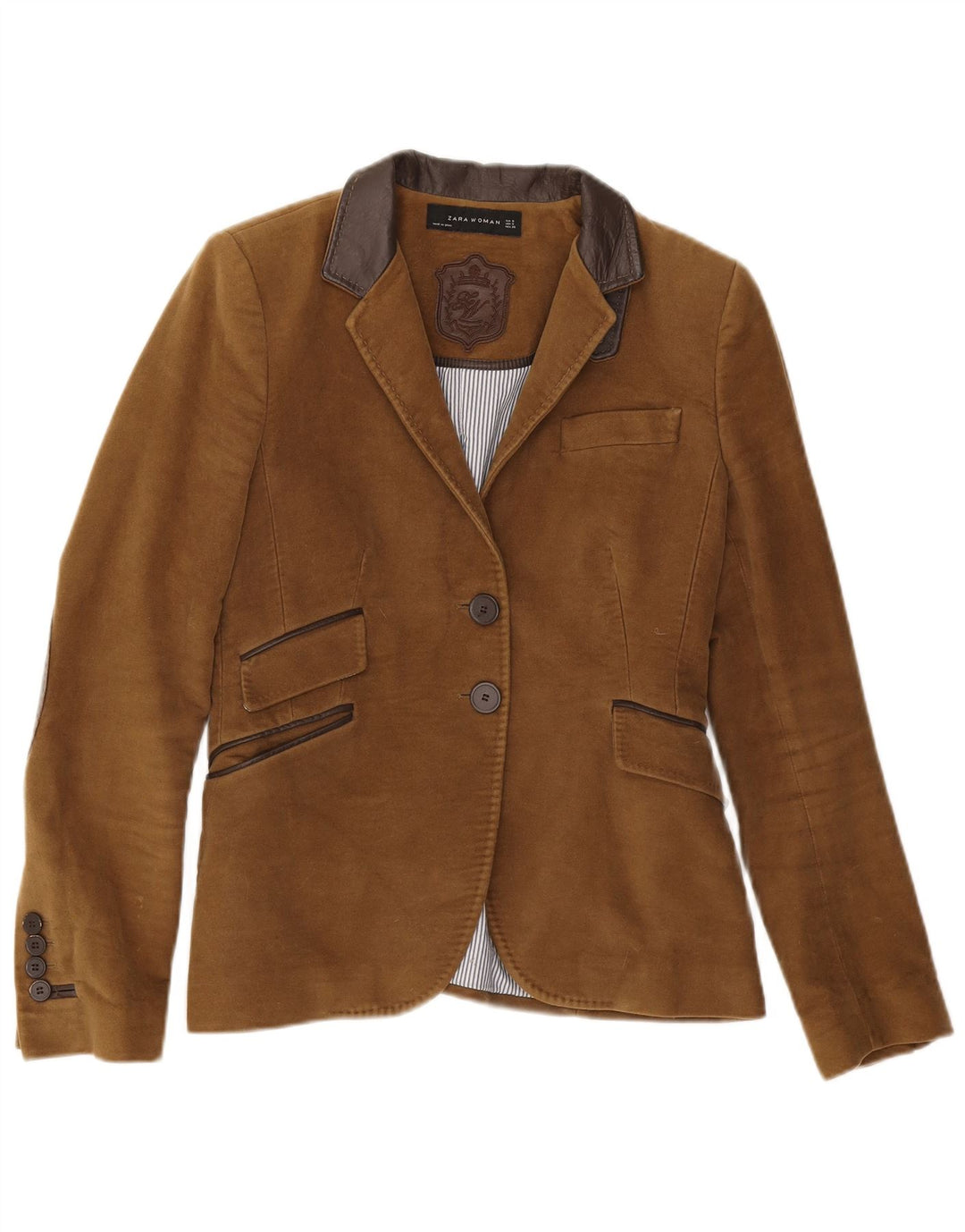 Zara Dame 2 Button Blazer Jacket UK 10 Small Brown Bomuld