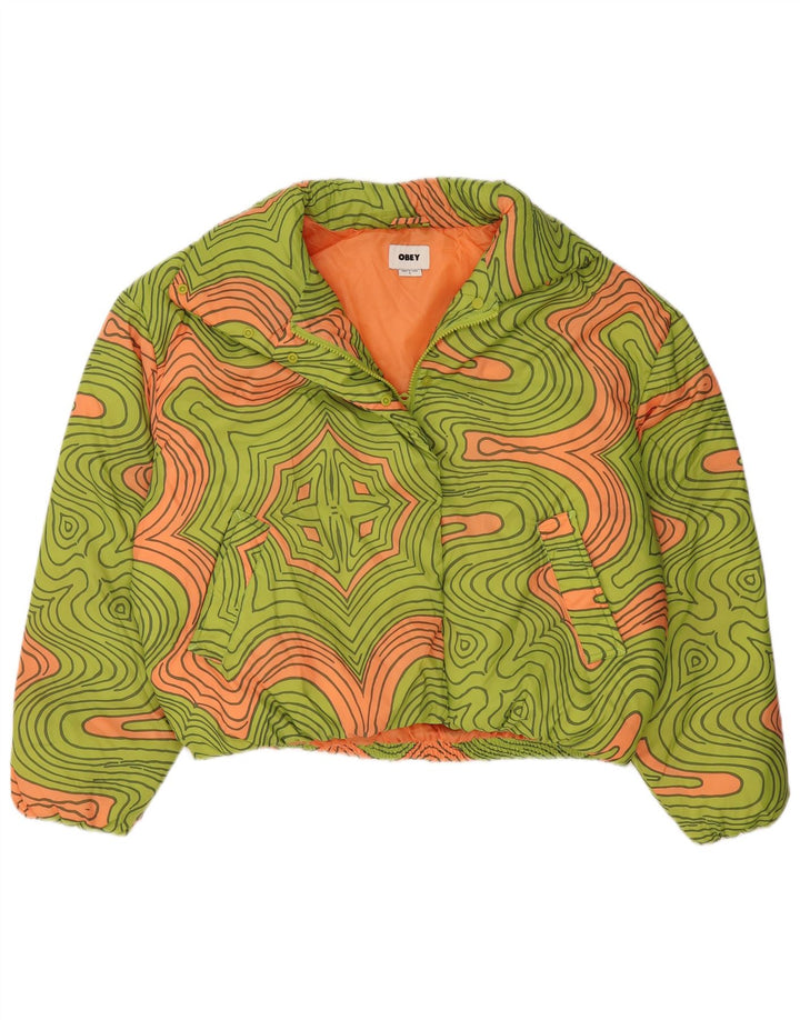 Obey Dame Oversized Polstret Jakke UK 10 Lille Grøn Geometrisk Polyester