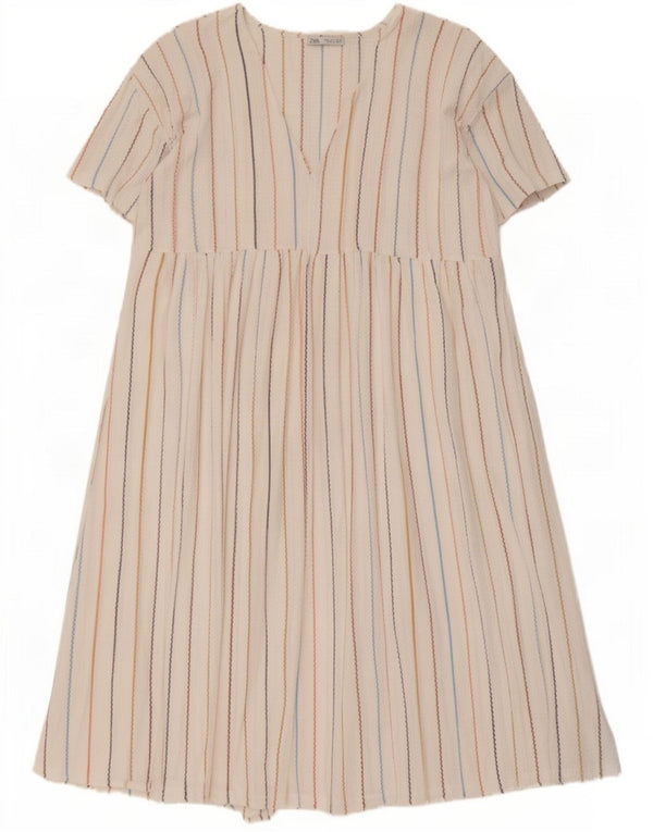 Zara Dame A-Line Kjole UK 16 Stor hvid stribet polyester