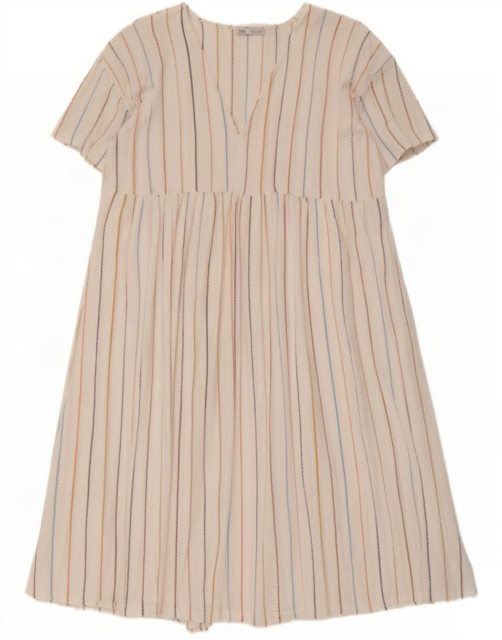 Zara Dame A-Line Kjole UK 16 Stor hvid stribet polyester