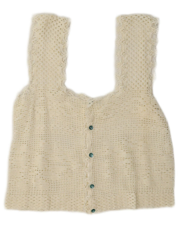 Vintage hæklet ærmeløs Crop Top til kvinder, UK 12 Medium Off White