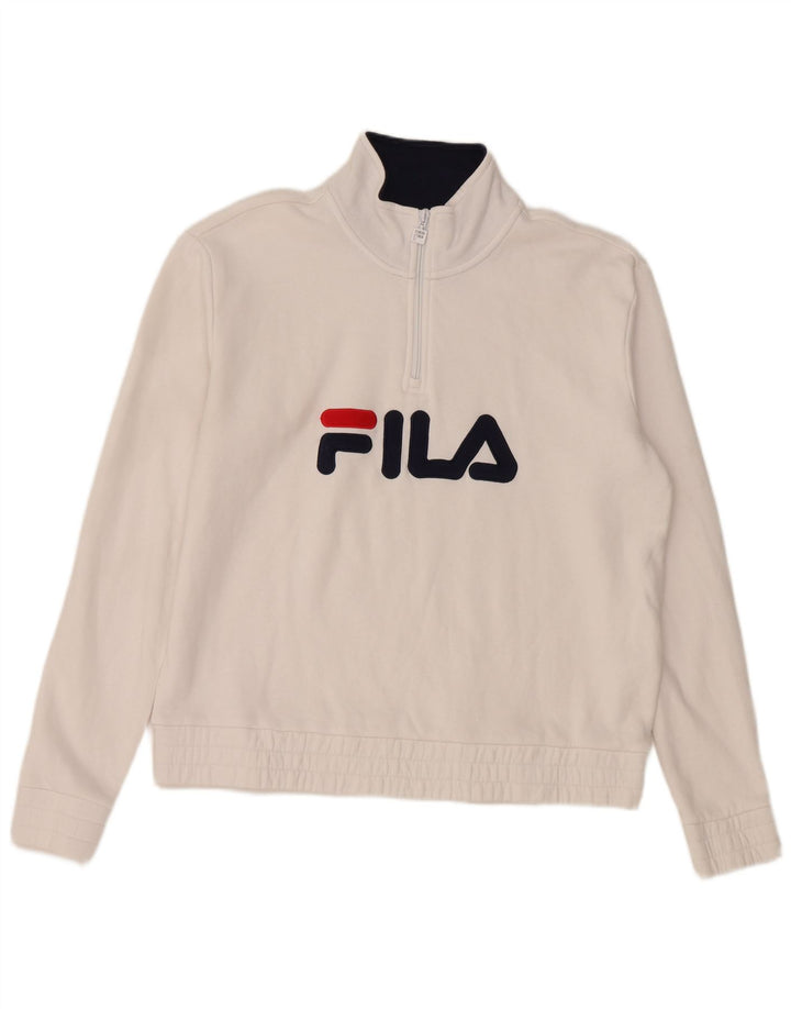 FILA Dame Grafisk Zip Neck Sweatshirt Jumper UK 16 Stor hvid bomuld
