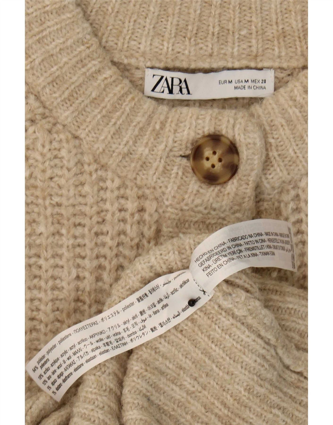 Zara Dame Cardigan Sweater UK 12 Medium Beige Polyester