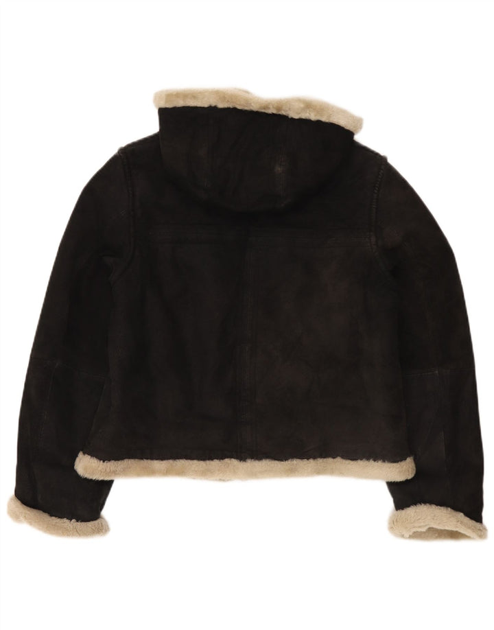 Conbipel Dame Hætte Shearling Jacket UK 14 Medium Sort Læder