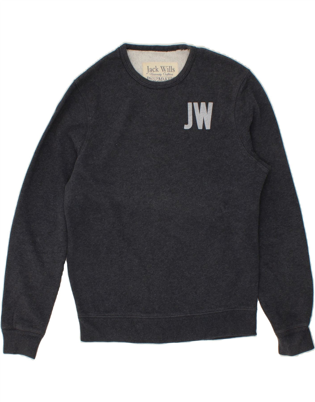 JACK WILLS Mens Graphic Sweatshirt Jumper Small Navy Blue Cotton Vintage Jack Wills and Second-Hand Jack Wills from Messina Hembry 