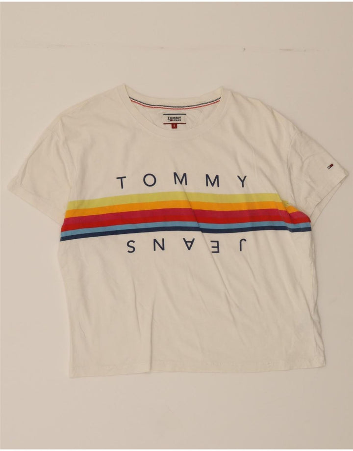 TOMMY HILFIGER Womens Oversized Graphic T-Shirt Top UK 10 Small White Vintage Tommy Hilfiger and Second-Hand Tommy Hilfiger from Messina Hembry 