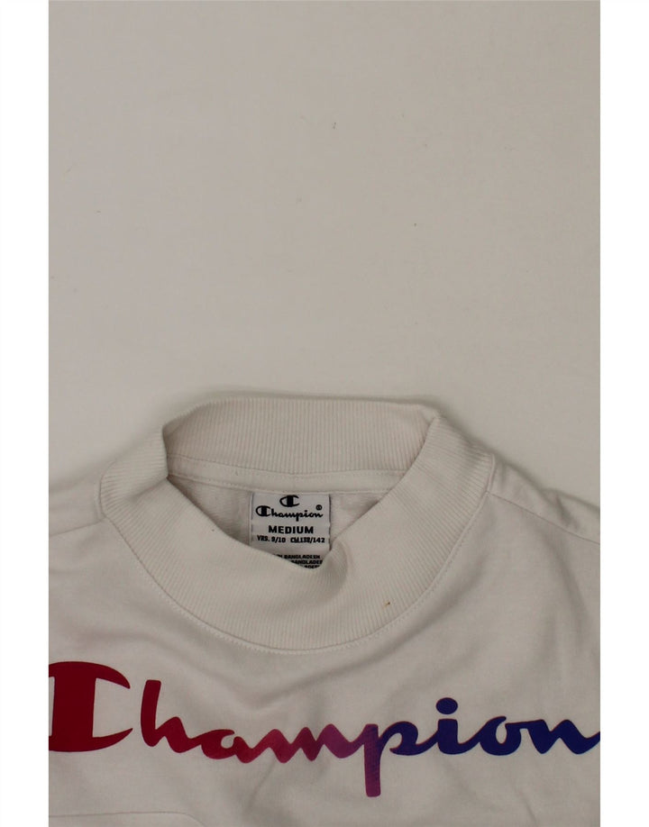 CHAMPION Girls Graphic Sweatshirt Jumper 9-10 Years Medium White Cotton Vintage Champion and Second-Hand Champion from Messina Hembry 
