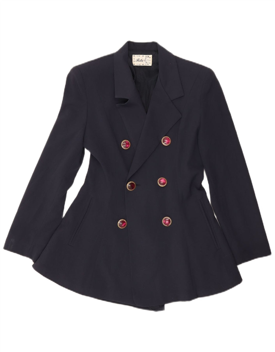 VINTAGE Dame Longline Blazer Jacket UK 10 Small Navy Blue