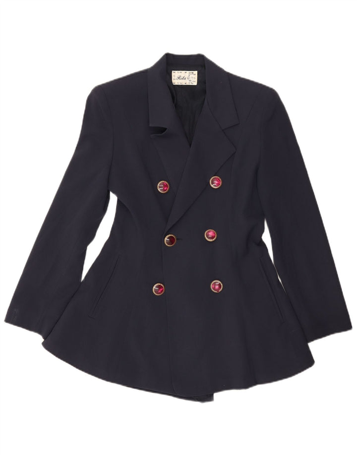 VINTAGE Dame Longline Blazer Jacket UK 10 Small Navy Blue