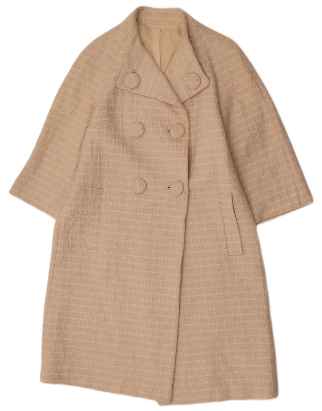 Vintage dame 3/4 ærmet dobbeltradet frakke UK 14 medium beige ternet