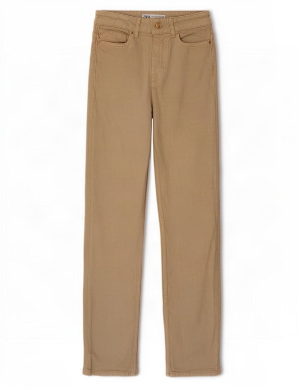 Zara Dame Højtaljede Straight Jeans EU 34 2XS W24 L31 Khaki Bomuld