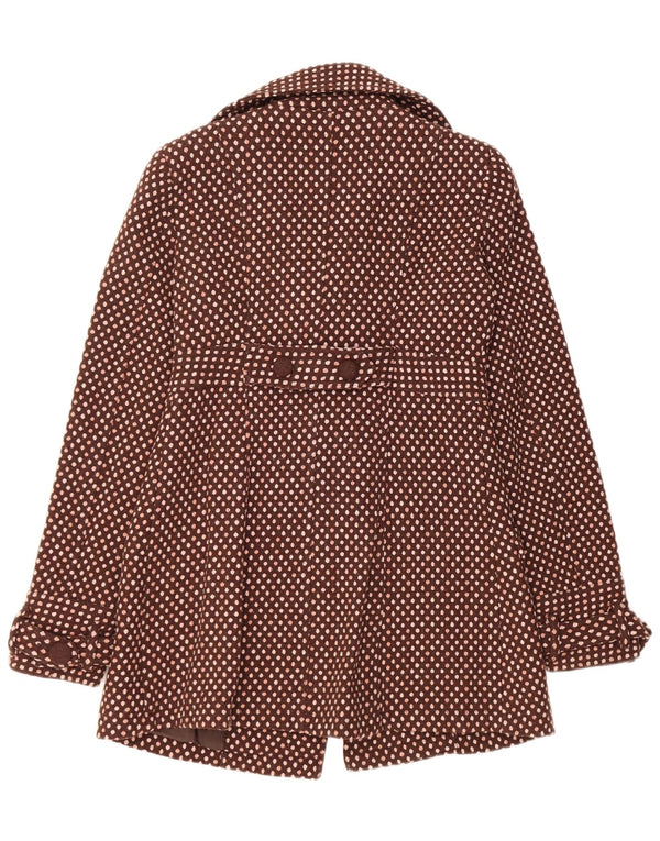 Vintage Dame Dobbeltradet Frakke UK 12 Medium Brun Polka Dot Uld