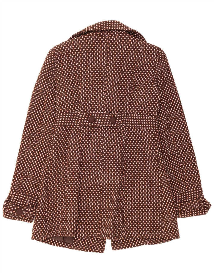 Vintage Dame Dobbeltradet Frakke UK 12 Medium Brun Polka Dot Uld