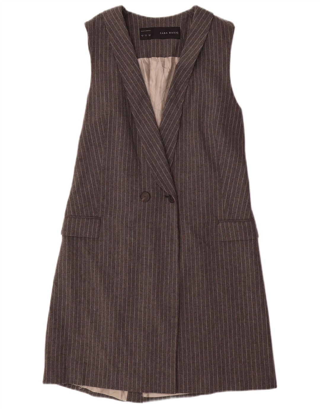 Zara Womens Longline ærmeløs blazerjakke UK 12 Medium Grey Nålestribe