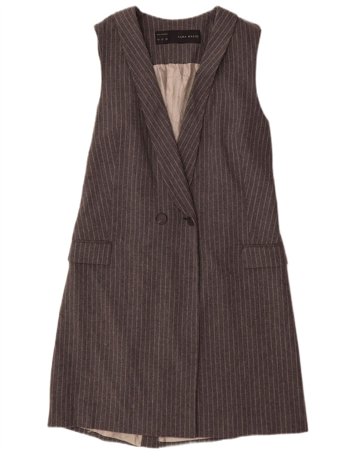 Zara Womens Longline ærmeløs blazerjakke UK 12 Medium Grey Nålestribe