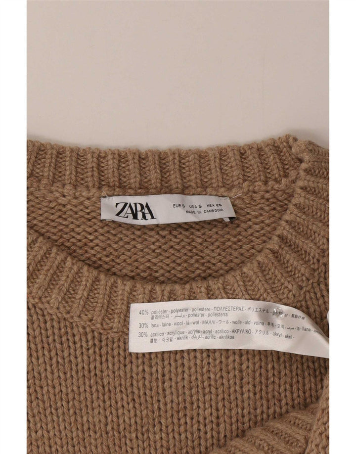 Zara Womens Oversized Crew Neck Jumper Sweater UK 10 Small Brown Polyester